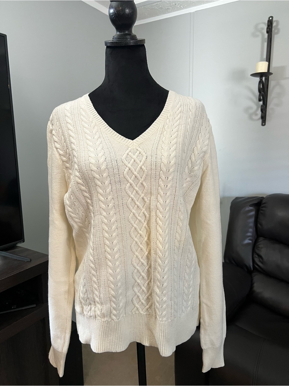 Chaps Cream Cable-Knit V-Neck Sweater